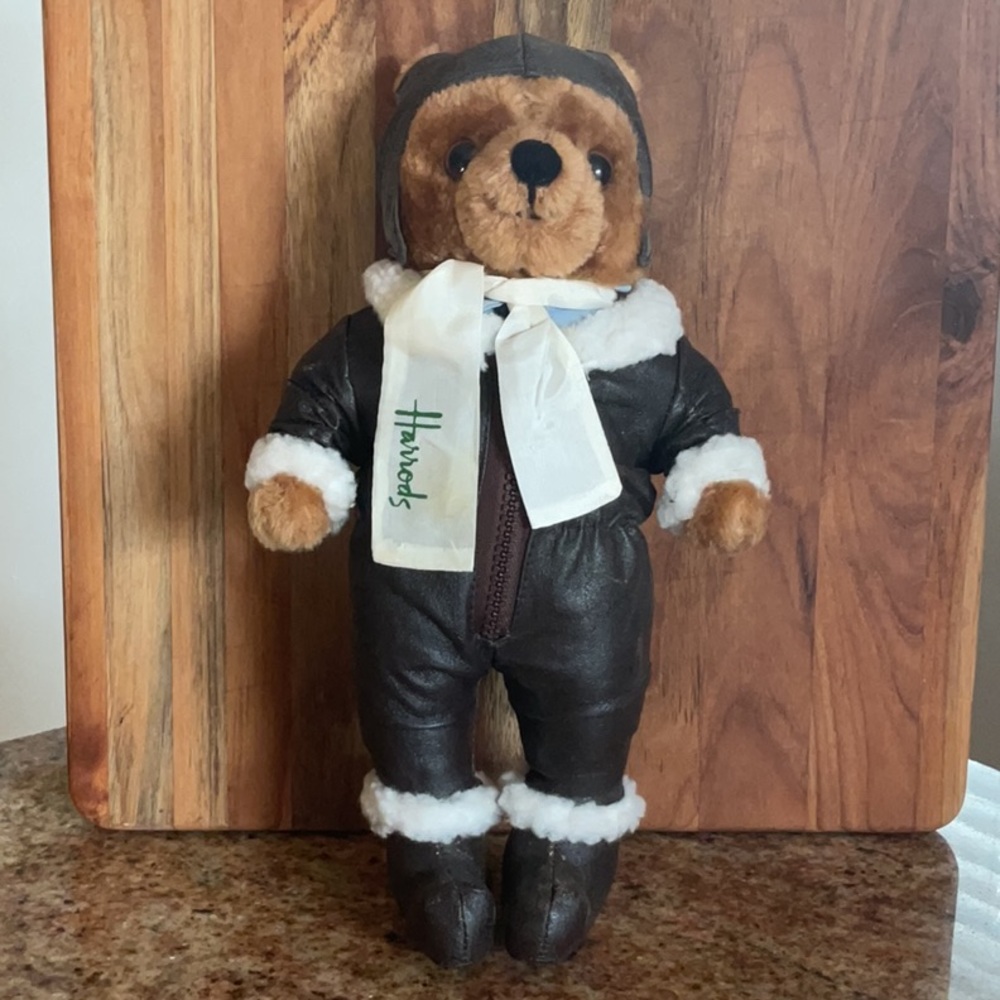 Aviator Harrods McGuire Pilot Bear in Faux Leather Bomber Jacket Hat & Scarf